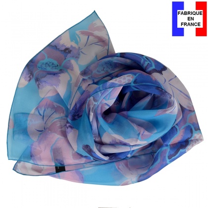 Foulard en soie Pivoine bleu made in France