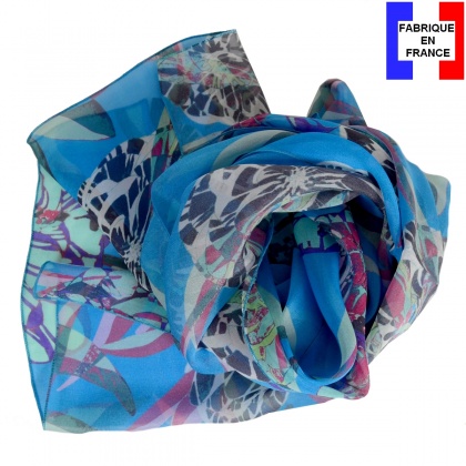 Foulard en soie Belle fleur bleu made in France