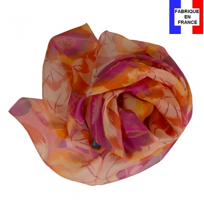 Grand carré soie Pivoine corail made in France