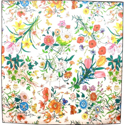 Foulard soie carré fleurs fond blanc